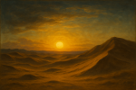 Coucher de soleil aux abords d'un désert dans une lumière douce façon Vermeer