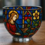 Photo réaliste d'une coupelle ornée de motifs inspirés du vitrail gothique