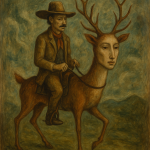Cowboy chevauchant un cerf à tête humaine dans un décor surréaliste façon Leonora Carrington