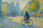 Scène urbaine moderne avec un cycliste traitée dans le style impressionniste de Monet