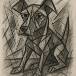 Dessin au charbon d'un chien dans un style cubiste inspiré de Pablo Picasso