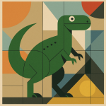 Dinosaure dans un décor moderne et géométrique, style Charley Harper