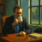 Docteur House en train de boire un café dans son bureau, style Edward Hopper