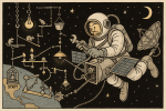 Scaphandrier flottant dans l’espace réparant un satellite avec une machine absurde, style Rube Goldberg