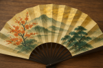 Photographie réaliste d'un éventail japonais peint dans le style nanga de Taikan Yokoyama