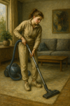 Jeune femme en jogging passant l'aspirateur dans un salon moderne, traité avec la lumière et le réalisme de Rosa Bonheur