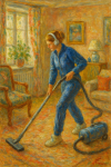 Femme en jogging avec des écouteurs passant l'aspirateur, style peinture Renoir