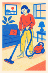 Femme en jogging qui passe l’aspirateur dans son salon, style risographie