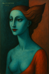 Portrait d'une femme mystérieuse aux couleurs intenses, style Félix Labisse
