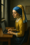 Jeune femme sur un ordinateur portable dans un intérieur moderne, style Vermeer