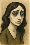 Portrait dessiné d'une femme mélancolique en style Tomi Ungerer