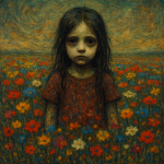 Petite fille dans un champ de fleurs colorées, ambiance étrange
