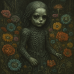 Petite fille dans un champ fleuri aux couleurs vives, style Hans Ruedi Giger