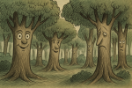 Forêt étrange avec arbres aux visages, style Tomi Ungerer