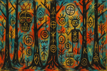 Forêt stylisée avec symboles tribaux, style Jean-Michel Basquiat