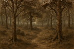 Forêt avec des arbres stylisés semblant sculptés en bronze, façon Rembrandt Bugatti