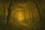 Forêt mystérieuse et enchantée avec lumière dorée, style Edward Burne-Jones