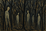 Forêt dense en noir et violet, aux formes humaines à peine visibles, dans le style Louis Soutter
