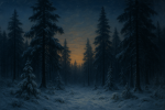 Forêt de pins sous la neige au crépuscule, style Caspar David Friedrich