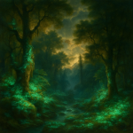Forêt enchantée avec lichens bioluminescents, style Thomas Moran