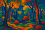 Forêt enchantée aux couleurs intenses et formes stylisées, style Paul Sérusier