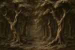 Forêt dense avec lumière tamisée, style Antoine-Louis Barye
