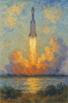Fusée en train de décoller peinte dans le style impressionniste de Claude Monet"