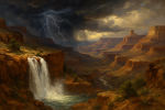 Grand Canyon avec cascades et ciel orageux, style Thomas Moran