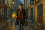 Harry Potter marchant dans une ruelle magique en style Gustave Caillebotte