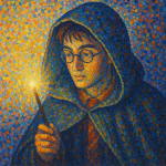 Harry Potter sous sa cape, éclairé par sa baguette magique, rendu en pointillisme à la manière de Paul Signac