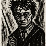Harry Potter dessiné de manière brutale à l’encre noire, avec un style expressionniste proche de Louis Soutter