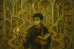 Harry Potter dans une bibliothèque labyrinthique aux allures surréalistes, style Remedios Varo