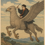 Harry Potter montant un hippogriffe, style estampe Hiroshi Yoshida