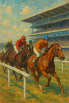 Chevaux de course avec jockey dans un hippodrome moderne