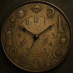 Photo réaliste d'une horloge décorée de motifs surréalistes façon Remedios Varo