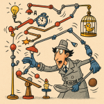 Inspecteur Gadget activant une machine absurde avec ses gadgets pour attraper un objet, style Rube Goldberg