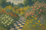 Jardin fleuri avec allée en damier, style Gustave Caillebotte