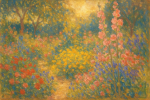 Scène de jardin impressionniste avec des fleurs colorées, style Mary Cassatt