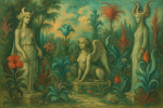 Jardin fantastique avec statues et végétation étrange dans le style de Leonor Fini