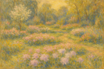 Jardin printanier avec massifs de fleurs flous et lumière dorée, style Berthe Morisot