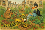 Jardin urbain luxuriant avec animaux farfelus dans un style bande dessinée humoristique