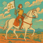 Jeanne d’Arc sur son cheval dans un paysage désertique stylisé, inspiré de Moebius