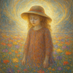 Jeune fille avec un chapeau dans un champ de fleurs colorées, traitée dans le style mystique et contrasté de William Blake