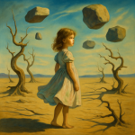 Jeune fille en robe pastel dans un décor surréaliste à la Salvador Dalí