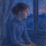 Jeune fille assise près d'une fenêtre au crépuscule, tons bleutés et violets, style Berthe Morisot