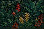 Jungle luxuriante stylisée avec feuillages et fleurs exotiques, style Paul Jouve