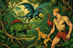 Jungle luxuriante avec créatures étranges, style bande dessinée rétro