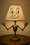 Photo réaliste d'une lampe avec bras et yeux, style Tomi Ungerer