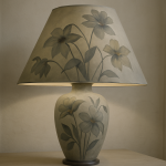 Photo réaliste d’une lampe stylisée dans le style de Kay Sage, posée dans un intérieur sobre