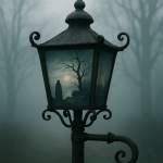 Photo réaliste d'une ancienne lanterne en fer forgé sur fond de brume, façon Caspar David Friedrich
